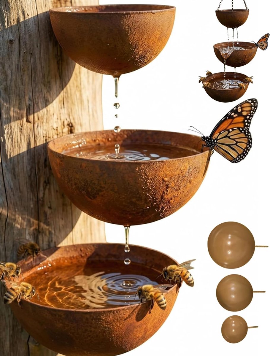KZQ Retro Drielaags Hangend Insectenwaterbakje Van Smeedijzer – Watervalstijl Buitendecoratie En Drinkplaats Voor Bijen, Vlinders En Mussen