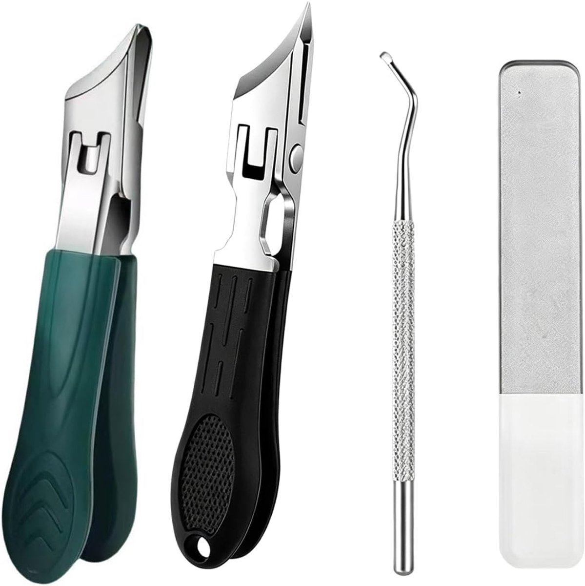 SnelShoppen - 4-delige pedicureset met schuine 45° nagelknipper voor ingegroeide teennagels, lange antislip handgreep, roestvrij staal, vijl en nagell