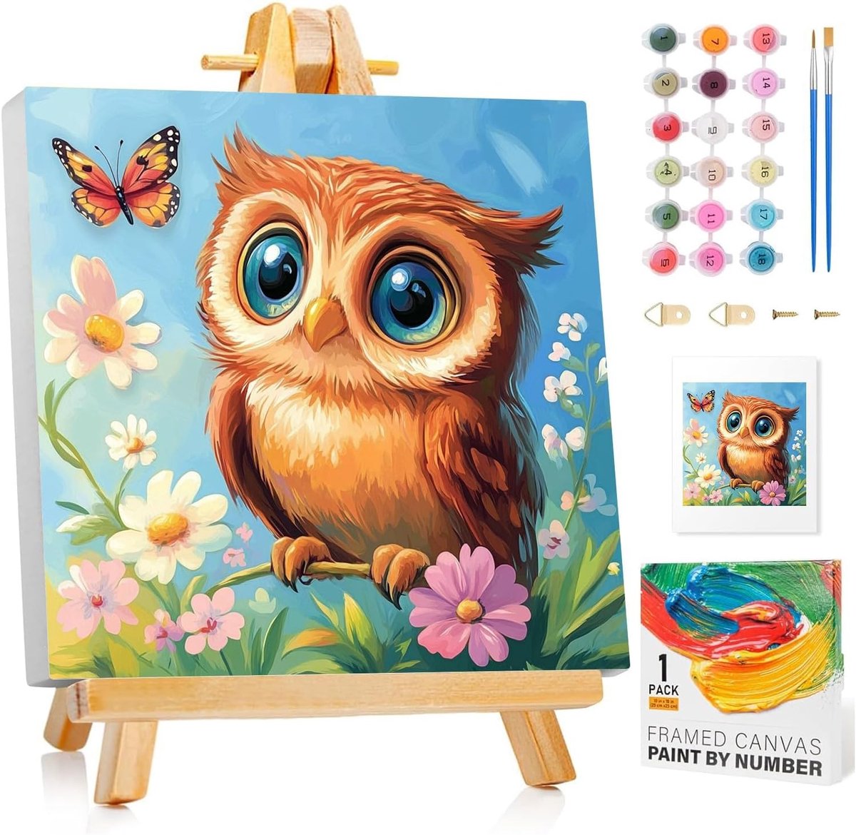 SnelShoppen - Paint by Numbers voor Kinderen met Lijst - Uil Schilderen voor Kinderen 5-10 Jaar - 20x20 cm - Inclusief 2 Penseelsets en Kleurengids -