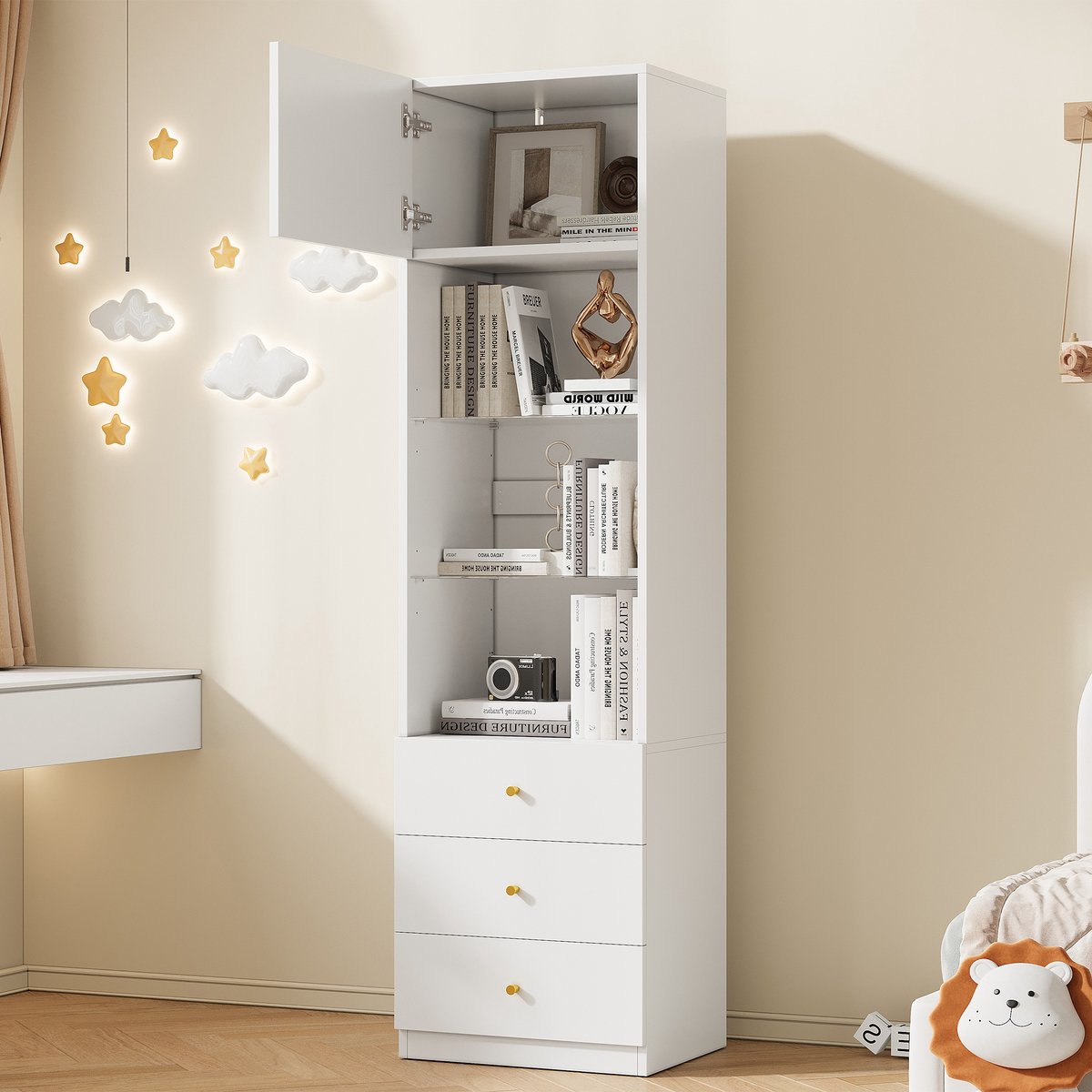 MIVRAY Kast – Verstelbare Glasplanken En 3 Lades – 50 x 40 x 180 cm – MDF En Glas – Wit – Voor Woonkamer, Hal En Slaapkamer