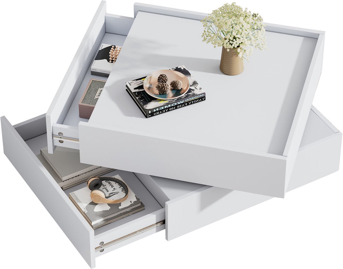 COVREO Salontafel 60 x 60 x 38 cm – wit, 360 graden draaibaar, 2 lades met opbergruimte