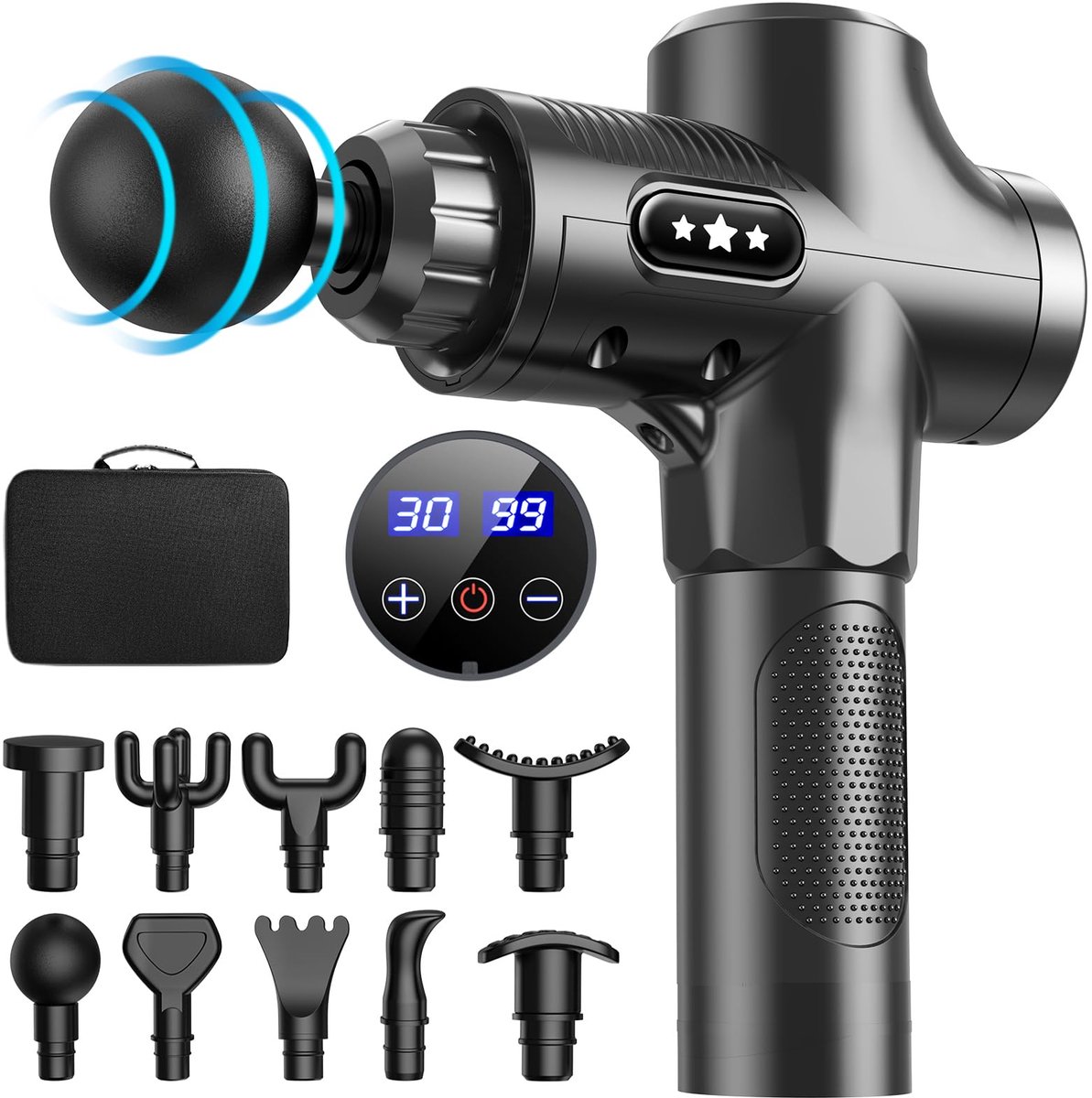 SnelShoppen - Massagepistool met 10 Koppen, 3500 tpm, 30 Snelheden, Antislip Handmassageapparaat, Type-C Oplaad, Diep Weefsel Voor Lichaamsontspanning