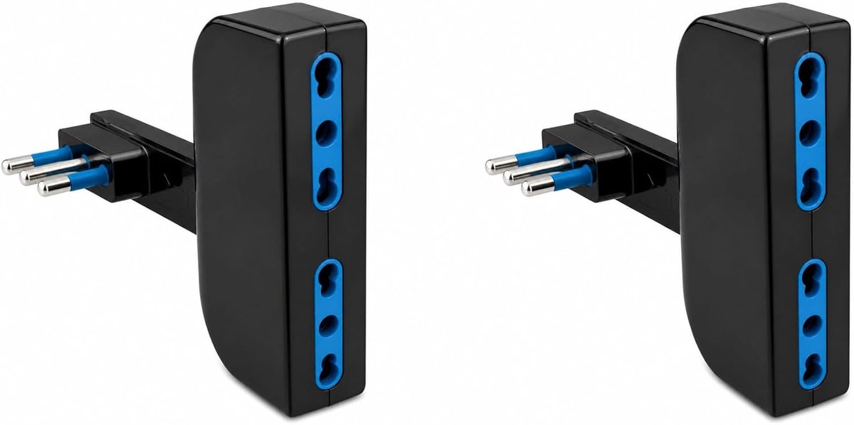 SnelShoppen - 2 Stuks Ruimtebesparende Adapter Zwart met 16 A Stekker 2P+T en 2 Italiaanse Bypass-stopcontacten 10/16 A voor Thuis en Kantoor, Max. 15