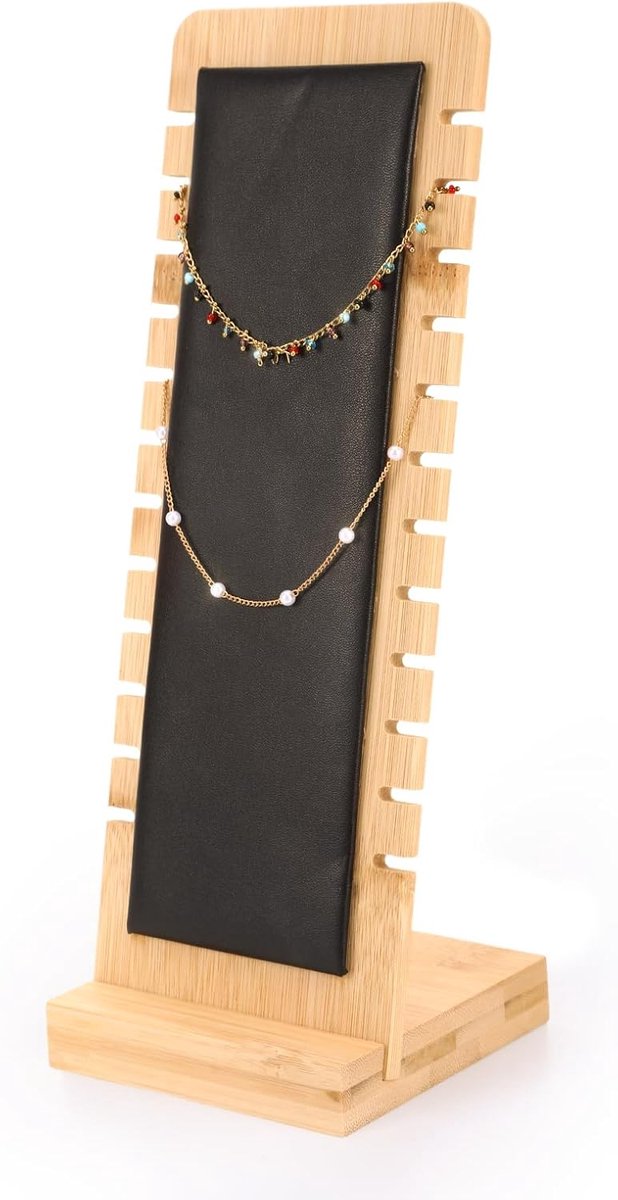 SnelShoppen - Necklaces Display Stand voor Sieraden - Zwart Hanger Houder - Verticale Ketting Stand met 12 Slots - Handgemaakt van Bamboe met PU Leder