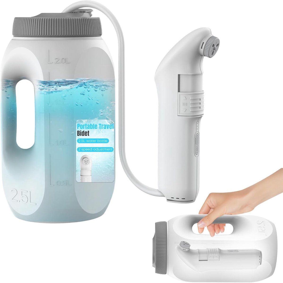 SnelShoppen - Portable Bidet Sprayer voor Badkamer, Elektrische Reisbidet met 2.5L Tank, Intieme Hygiëne voor Camping, Auto en Toilet, Zwart