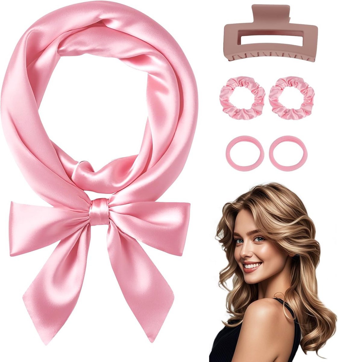 SnelShoppen - Heatless Curls Band voor Nachtelijke Krullen - 6 Stuks Haarspelden zonder Hitte voor Lang en Krullend Haar - Roze Zijdeachtig Materiaal
