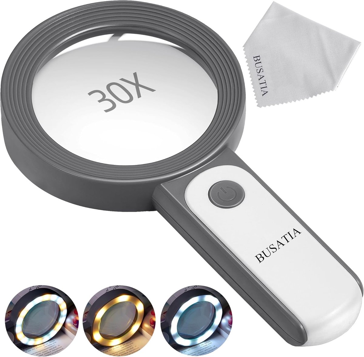 SnelShoppen - Handheld Vergrootglas 30X met 18 LED Lichten, Grote 100mm/4in Glazen Loep, 3 Verlichtingsmodi voor Lezen, Hobbies, Wit + Grijs