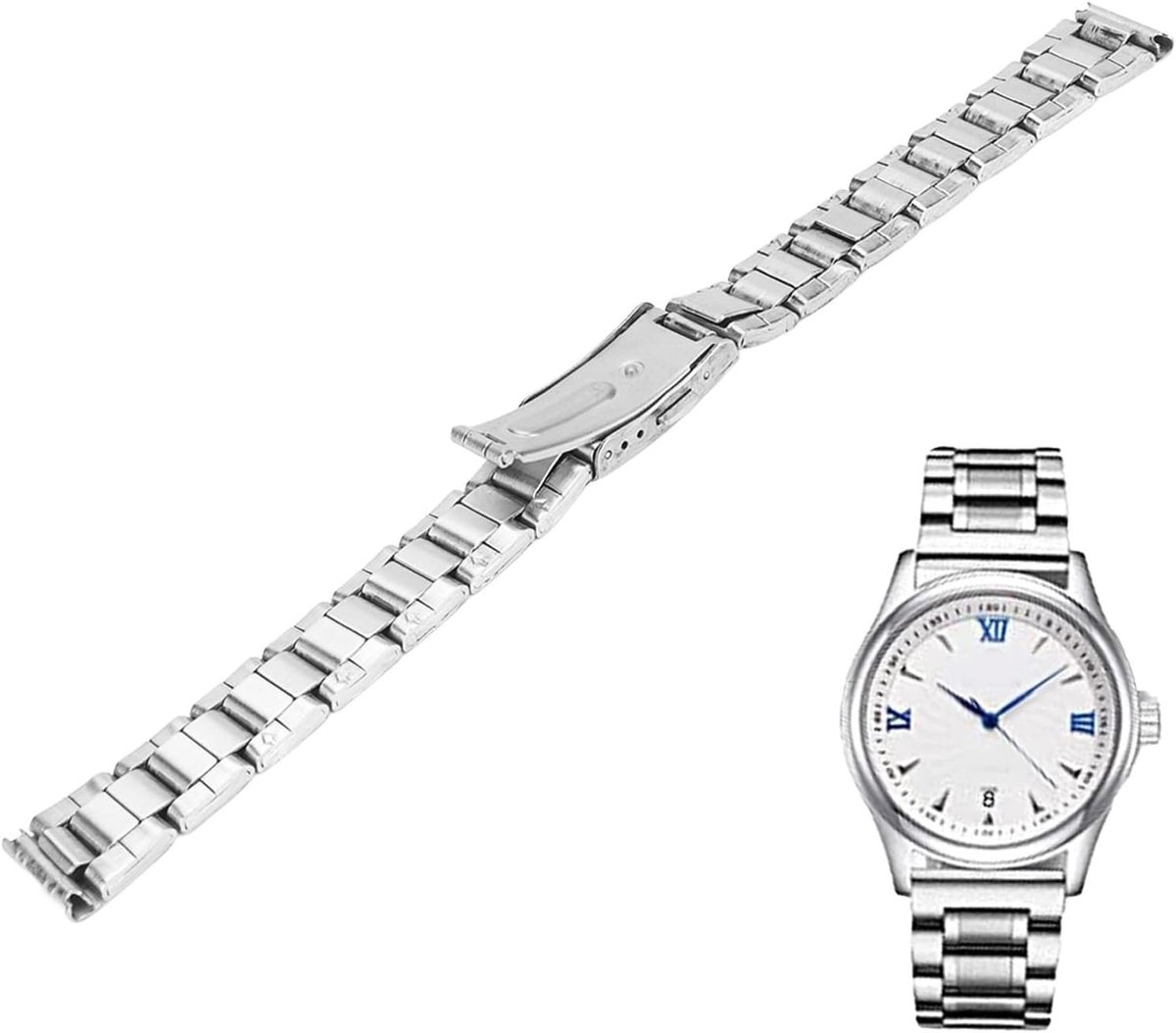 Stijlvolle RVS Horlogeband met Dubbele Drukknop Sluiting voor Dames en Heren, Verstelbare Metaal Armband voor Horloge