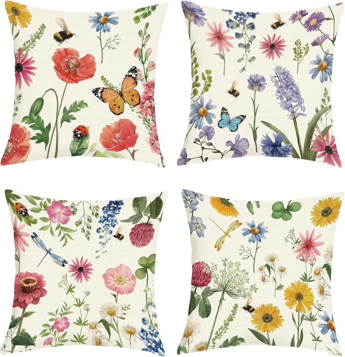 SnelShoppen - Set van 4 Decoratieve Kussenhoezen 45x45 cm - Lente Zomer Bloemen met Libelle en Vlinder - Polyester Linnen voor Sofa Slaapkamer Woonkam