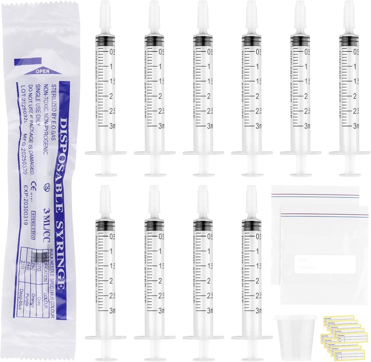 SnelShoppen - Colostrum Syringes Collectorkit 20x2ml, 30ml Maatbeker, Bewaarzakken en Labels voor Veilig Vloeistoffen Meten en Opslaan