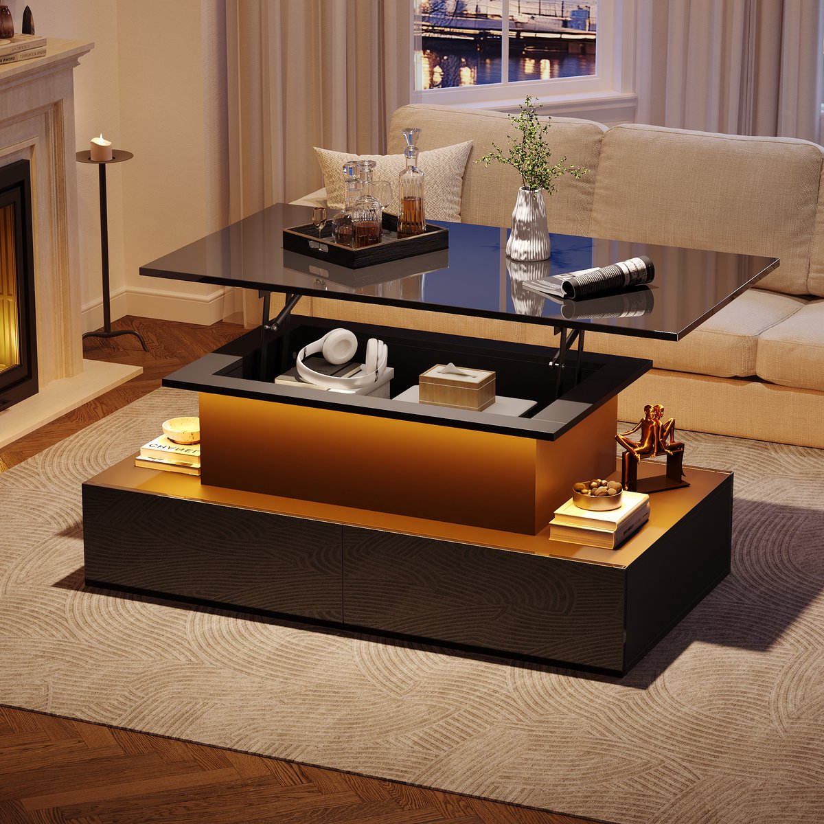 COVREO Salontafel 90x55x41 cm – zwart, hoogglans met LED-verlichting en 4 lades