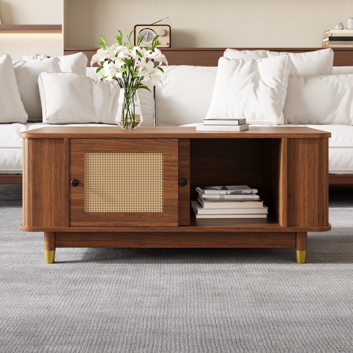 COVREO Salontafel 100 x 50 x 42 cm - walnut, MDF, rattan schuifdeuren, opbergruimte