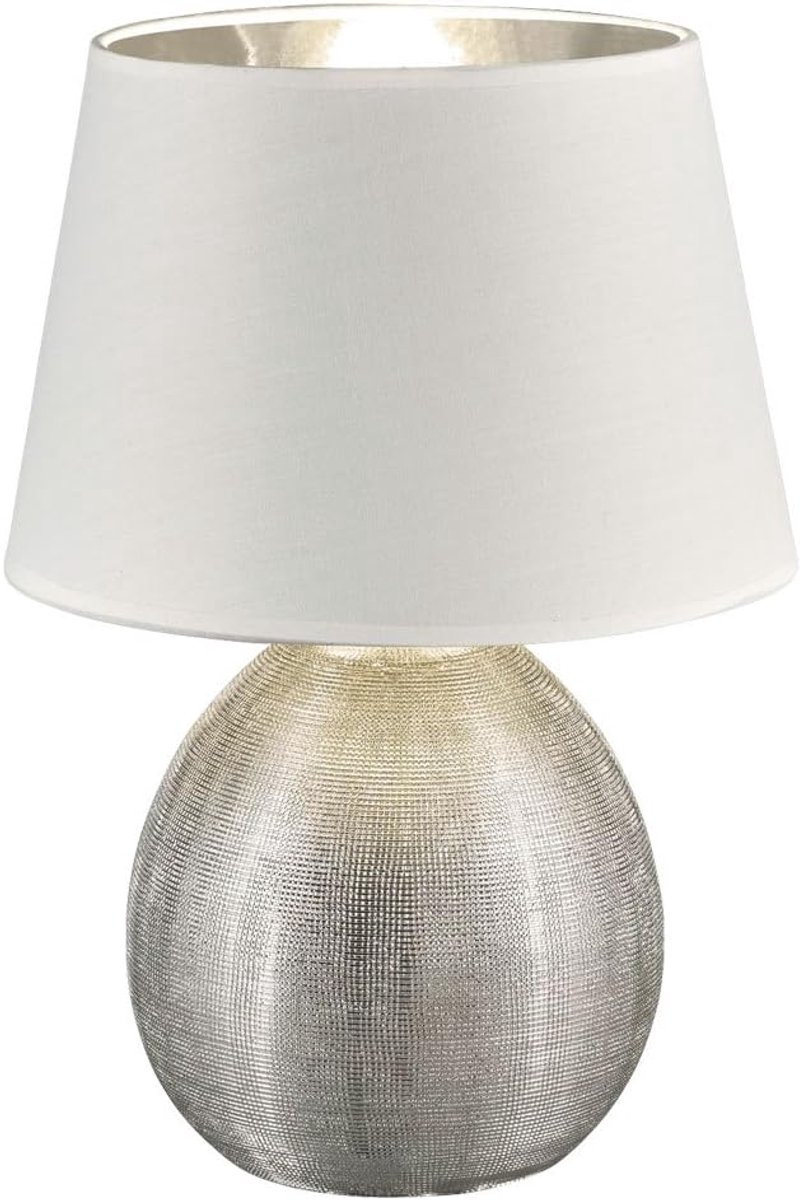 SnelShoppen - Elegante Tafellamp - Keramisch, Witte/Stalen Stoffen Kap - 35 cm Hoog - E27 Fitting - Perfect voor Woonkamer, Slaapkamer, Studiekamer