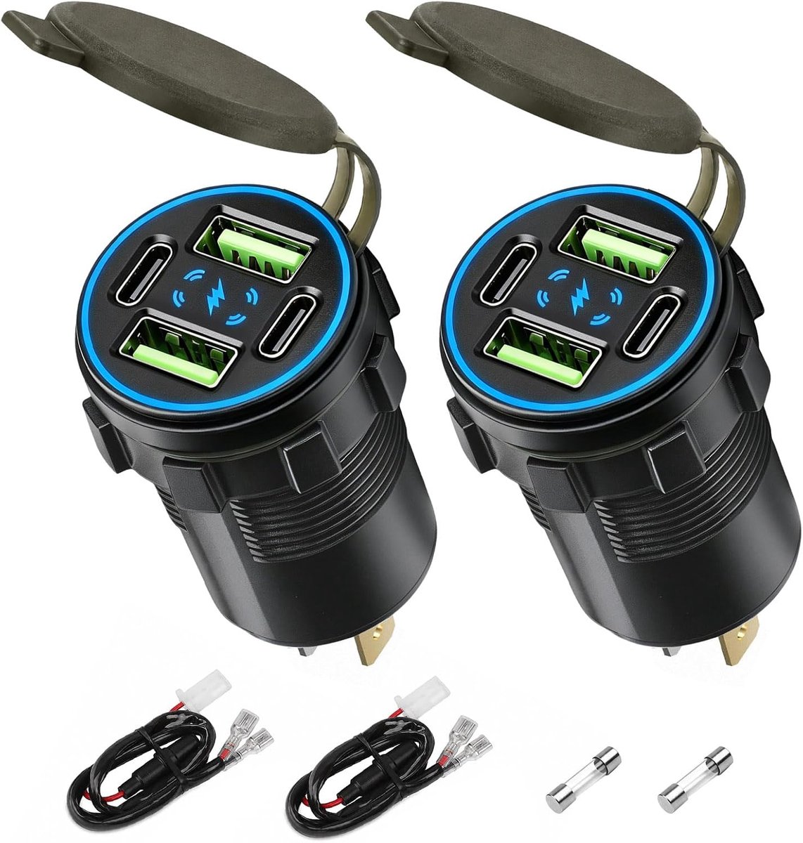 SnelShoppen - USB-stopcontact 132W 12V 2 stuks | 4-PD USB-C QC3.0 USB-A Oplader voor Auto, Vrachtwagen, Caravan, Motorfiets, Ideaal voor Navigatie en
