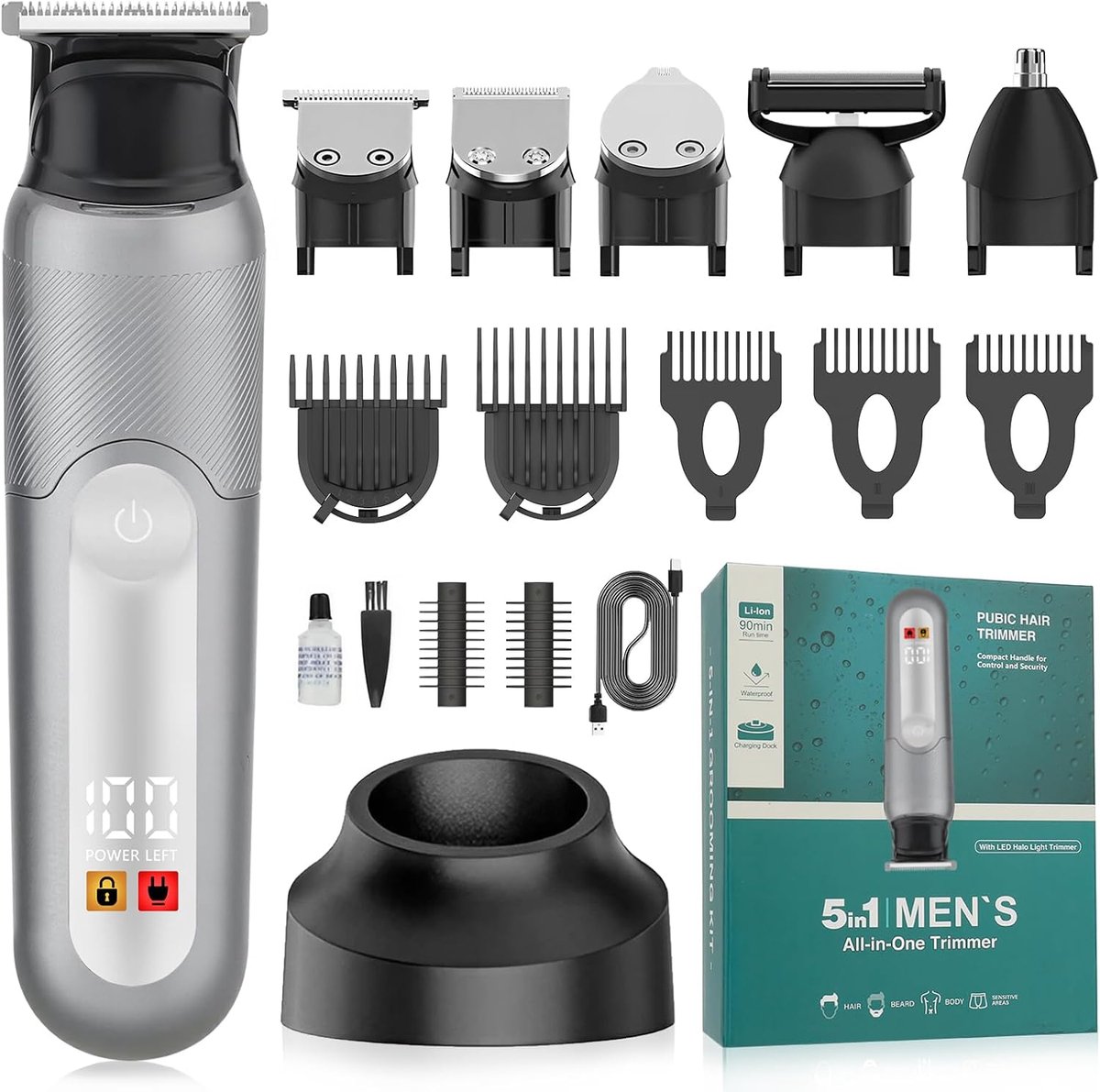 Multifunctionele trimmer voor het hele lichaam (heren), geschikt voor nat en droog gebruik | 5 opzetstukken voor haar, baard, lichaam, neus en oren. Ingebouwd ledlampje met veiligheidsvergrendeling. Cadeau voor echtgenoot, vader of vrienden-Wit