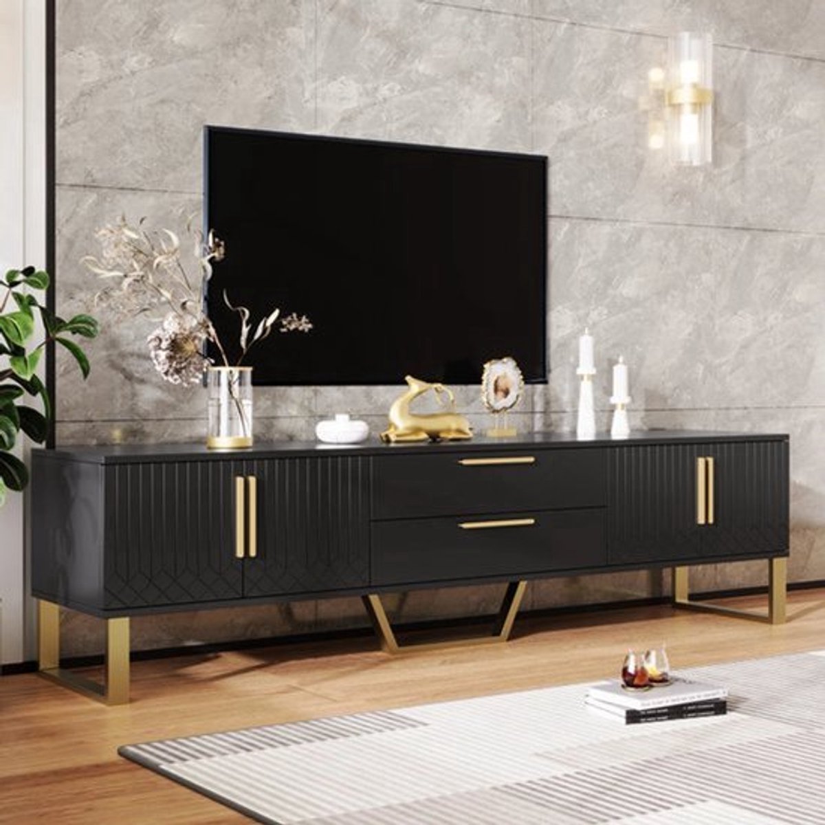 Tv-Meubel – Hoogglans Meubel – TV Kast – Woonkamermeubel – Gouden Accenten – 170 Cm Breed 