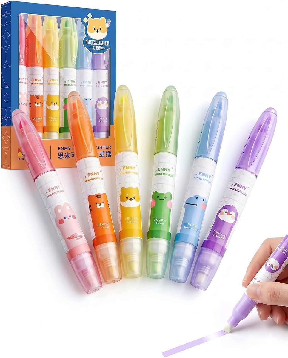 Uitwisbare markeerstiften in pastelkleuren, 6 stuks met afgeschuinde punt, ideaal voor school, kantoor en creatief gebruik, vlekvrije fluorescerende inkt