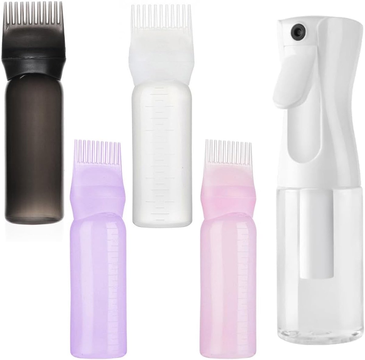 Set van 4 zwarte plastic flessen voor haarkleur en haaraccessoires - ideaal voor kapsalons en thuisgebruik (zwart, wit, roze, paars)