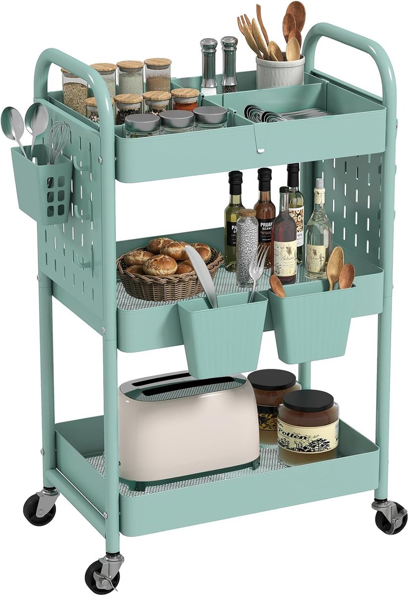 SnelShoppen - 3 Laags Trolley met Wielen, Metalen Keuken Trolley met Scheidingswanden en Haakjes, Ideaal voor Keuken, Woonkamer en Badkamer