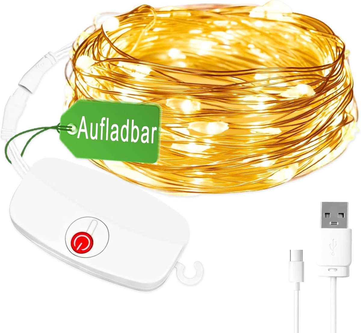 SnelShoppen - Mini Fairy Lights 5m 50 LEDs Warm Wit, Oplaadbaar met Timer en 8 Modus, Koperdraad, USB-C, Waterdicht voor Kerst, Bruiloft, Feest