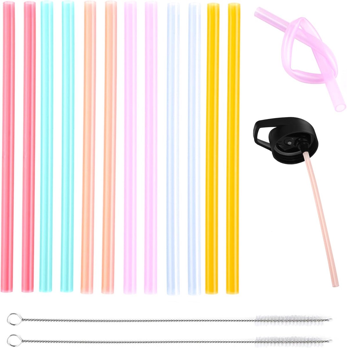 SnelShoppen - 12 Kleurige Flexibele Siliconen Rietjes, Herbruikbaar, BPA Vrij, Voor Kinderen, Ideaal Voor Feestjes, Camping, Keuken - Inclusief Schoon
