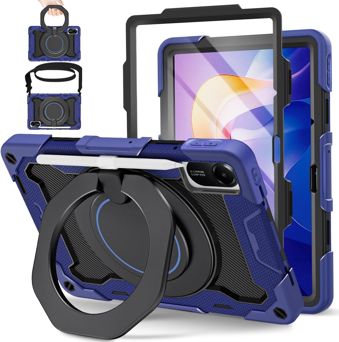 SnelShoppen - Heavy Duty Schokbestendige Hoes voor 11 inch Tablet - Kids Cover met Screen Protector, 360° Draaibare Standaard, Schouderriem & Penhoude