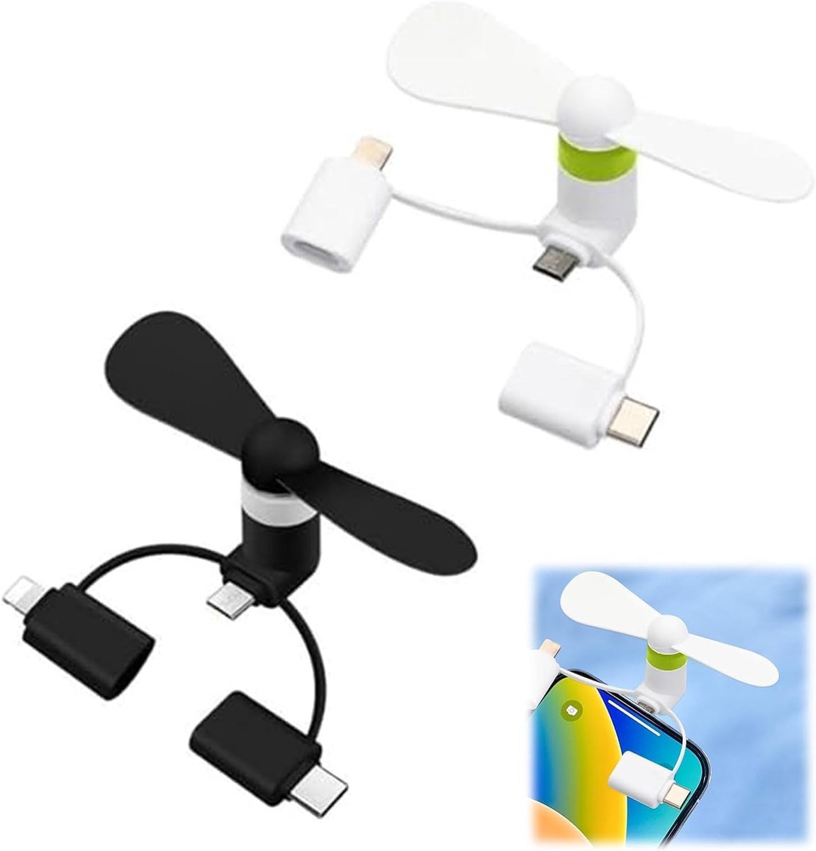 SnelShoppen - Mini USB Ventilator voor Mobiele Telefoon - Draagbare 3 in 1 Fan voor iPhone / Android / USB Type C - 2 Stuks - Zwart - Ideaal voor Camp