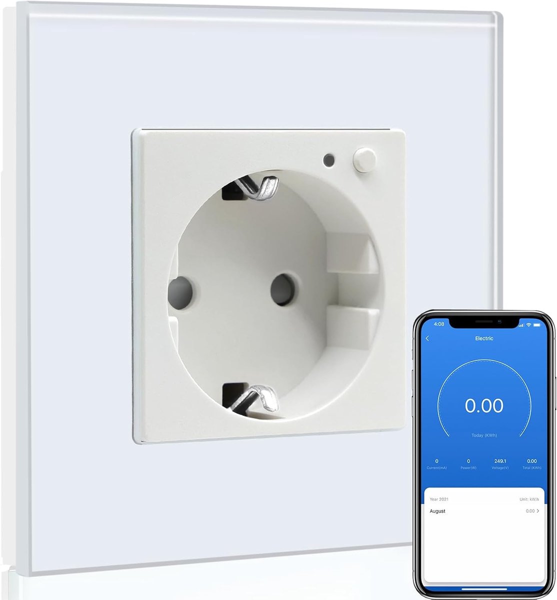 SnelShoppen - Wifi Smart Power Outlet met Energie Meter, 16A Schuko Stopcontact, Voice Control met Alexa en Google Home, Recessed Glass, Tijdfunctie,