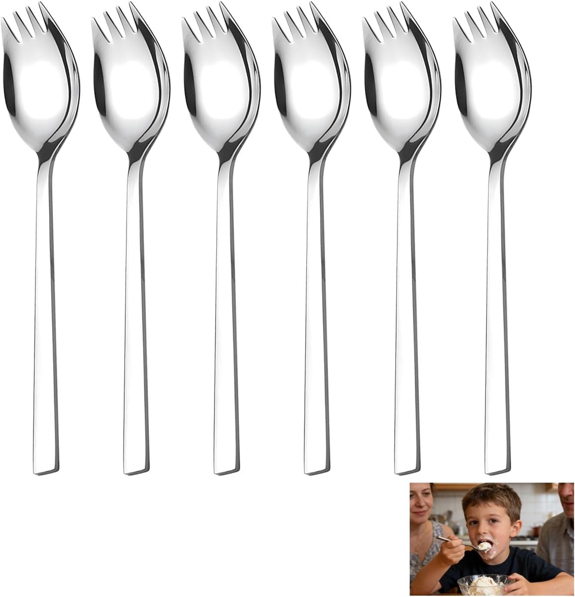 SnelShoppen - 6 Stuks RVS Sporks Saladescheppen 19 cm Multifunctionele Lepel en Vork Campingbestek voor Salades, Pasta, Dessert en IJs