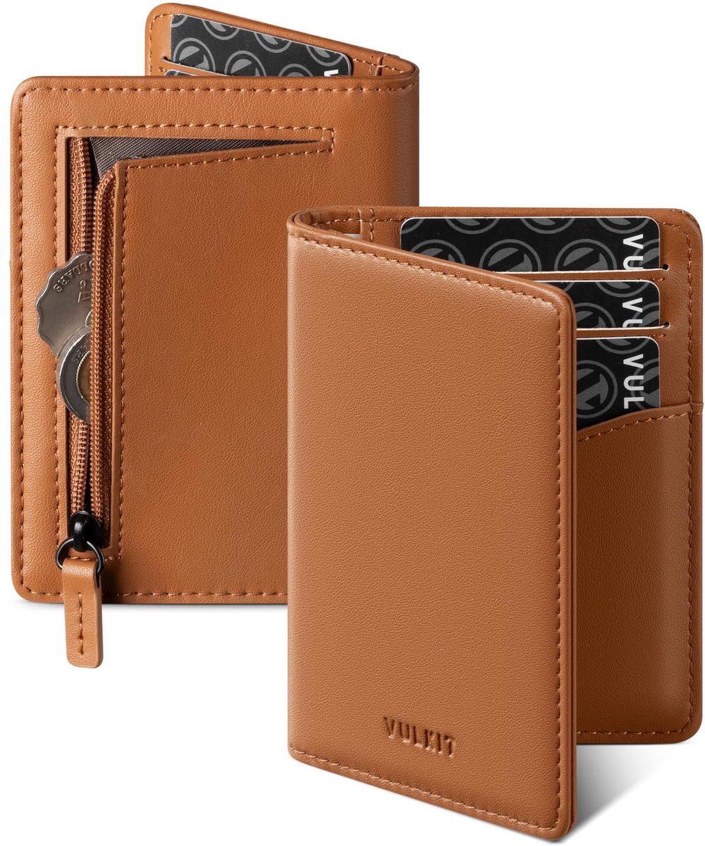 SnelShoppen - Vulkit Slim Portemonnee Kaarthouder Heren Leren Kaarthouder RFID Blocker Kaartbescherming Geldclip Klein Creditcardhouder Bruin 11,7×8,5