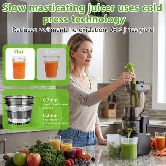 Slow Juicer - Sapcentrifuge - Gezond Sap Maken - Brede Vulopening - 98 mm - Zwart — afbeelding 3