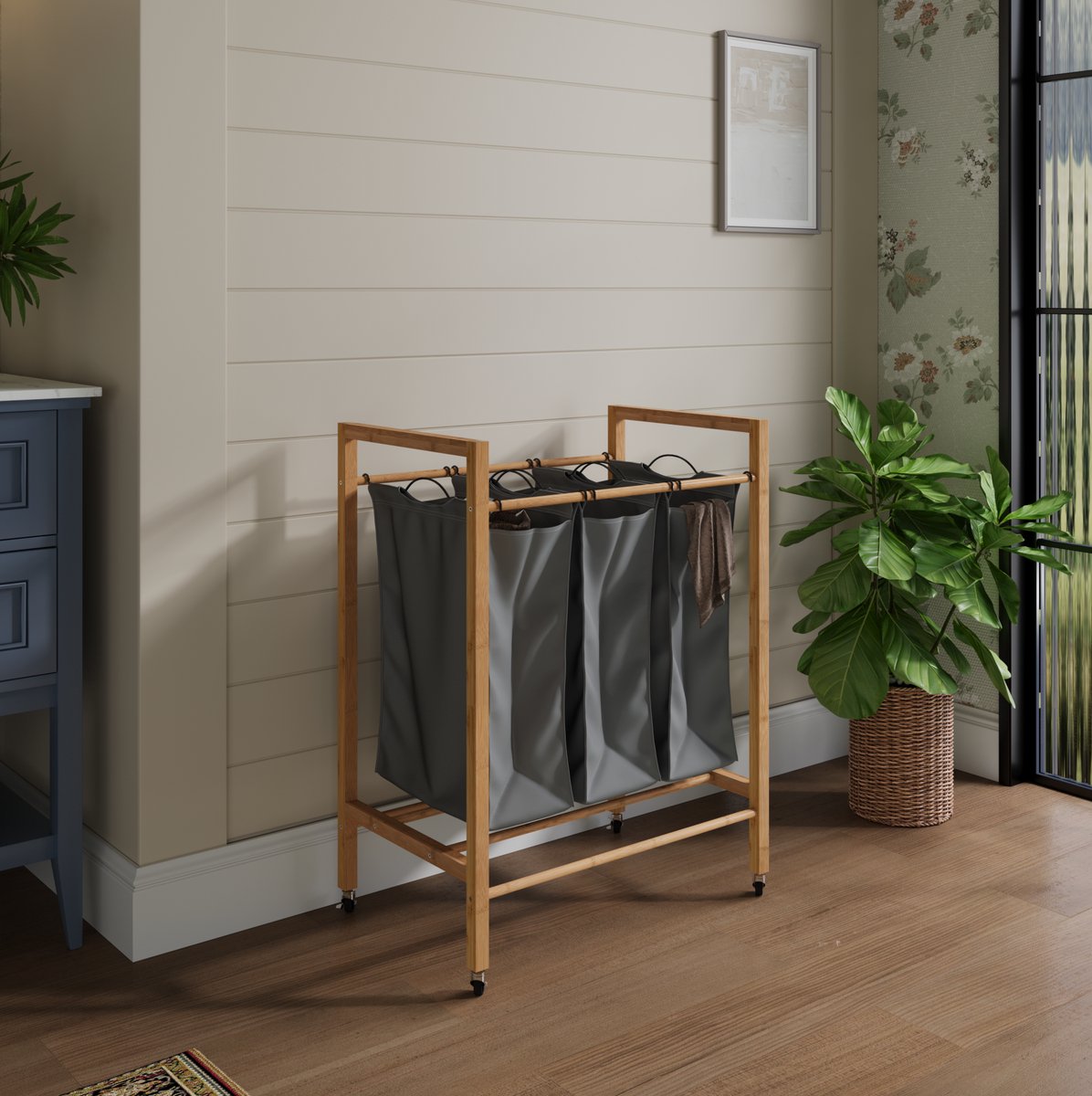 MIVRAY Wasmand – 90 Liter 3 Vakken Met Wielen – 83 x 60 x 40 cm – Bamboe – Houtskool En Naturel – Uitneembare Waszak