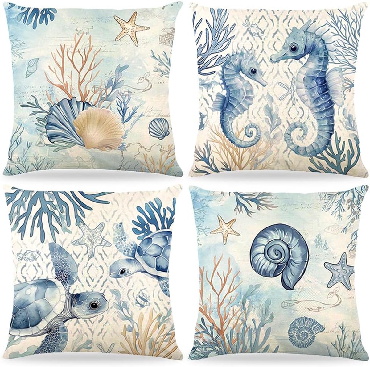 SnelShoppen - 4 Stuks Strand Ocean Kussenhoezen 40x40cm Kust Kussenhoezen Zeepaard Schildpad Sterrenbeeld Schelp Linnen Decoratieve Kussenhoezen voor