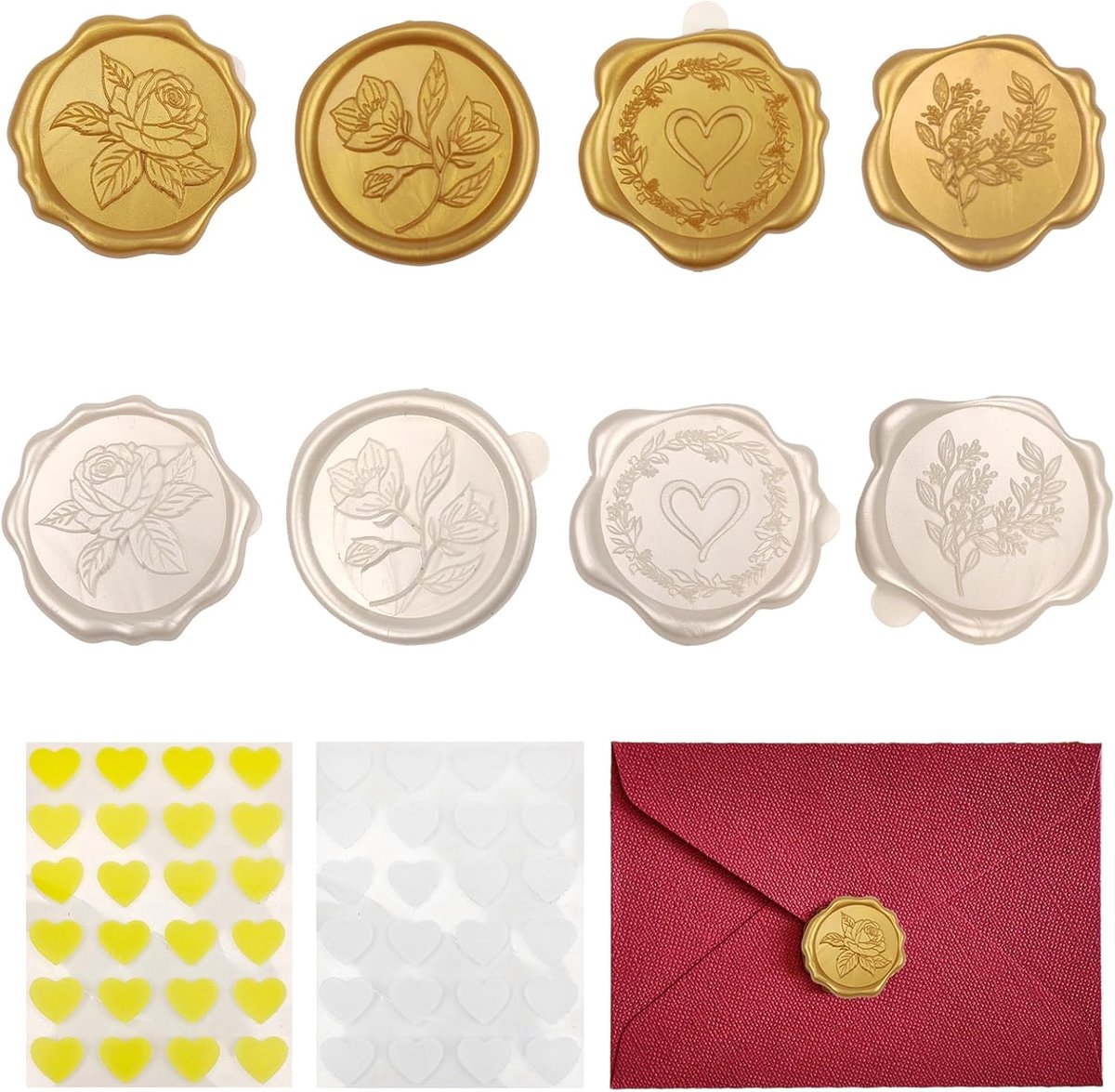 SnelShoppen - 48 Stuks Witte en Gouden Wax Seals Zelfklevende Wax Seal Stickers met Hart, Rozemarijn en Rozenpatroon voor Uitnodigingen, Enveloppen, V