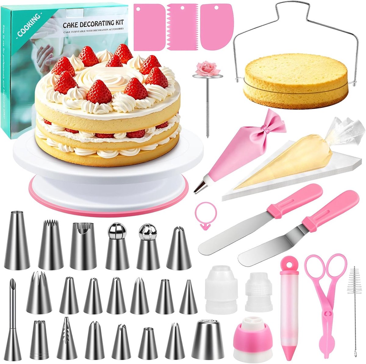 SnelShoppen - Taartaccessoireset 61-delig incl. draaibare taartplaat, spuitzak met spuitmonden, taartsnijder, spatel - Taartbakaccessoires voor beginn