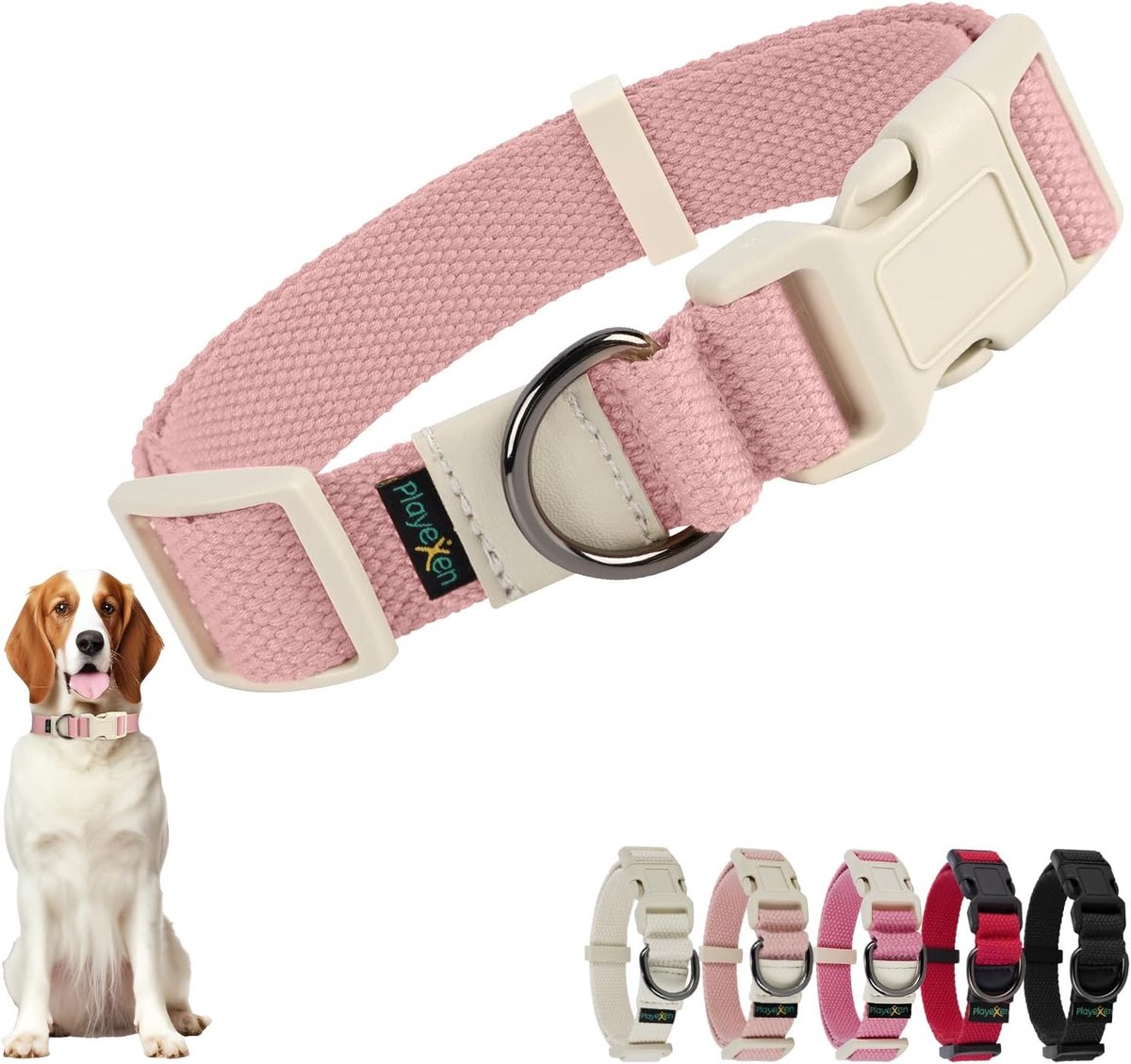 SnelShoppen - Dog Collar voor Grote en Kleine Honden, Verstelbaar 35-50 cm, Zacht Katoen, Roze, Hondenhalsband met Afneembare Dog Brand voor Training
