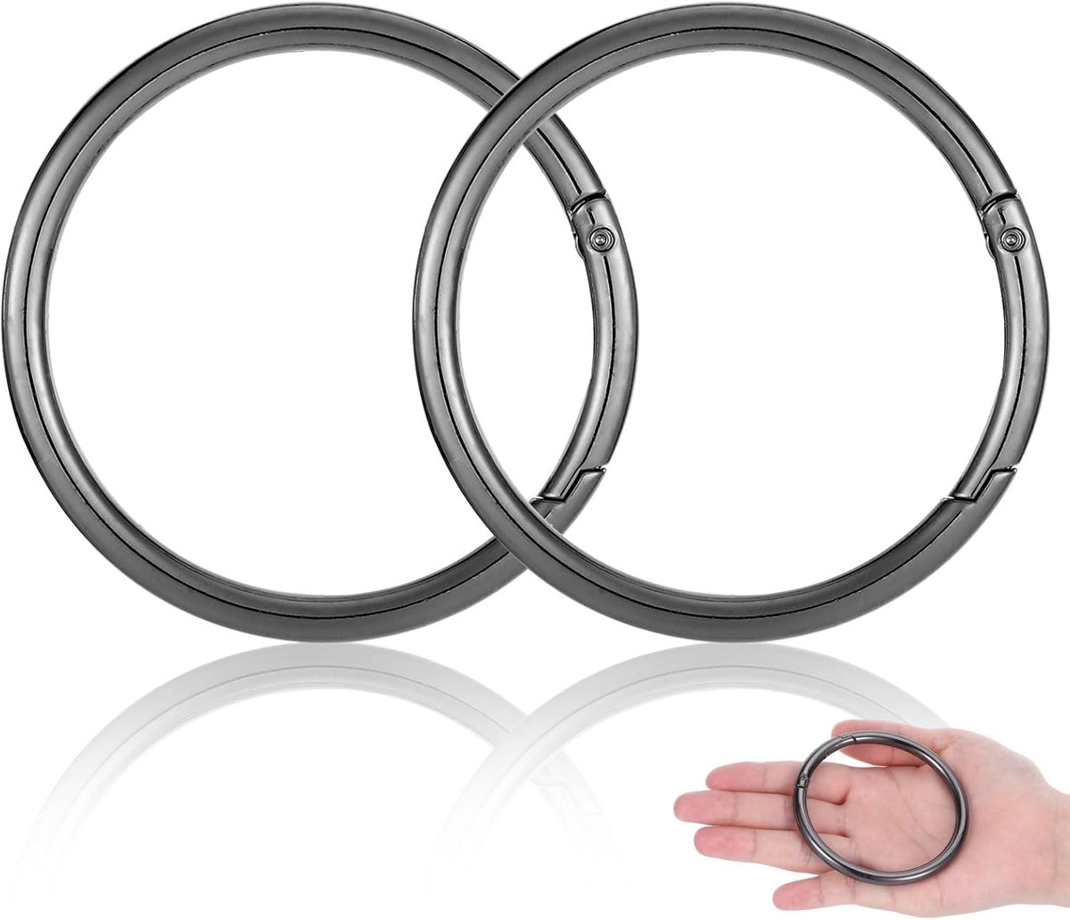 SnelShoppen - 2x Ronde Carabiner Haken Grote Sleutelhanger 75mm RVS Zwart voor Sleutels, Tassen, DIY Creaties - Duurzaam en Corrosiebestendig