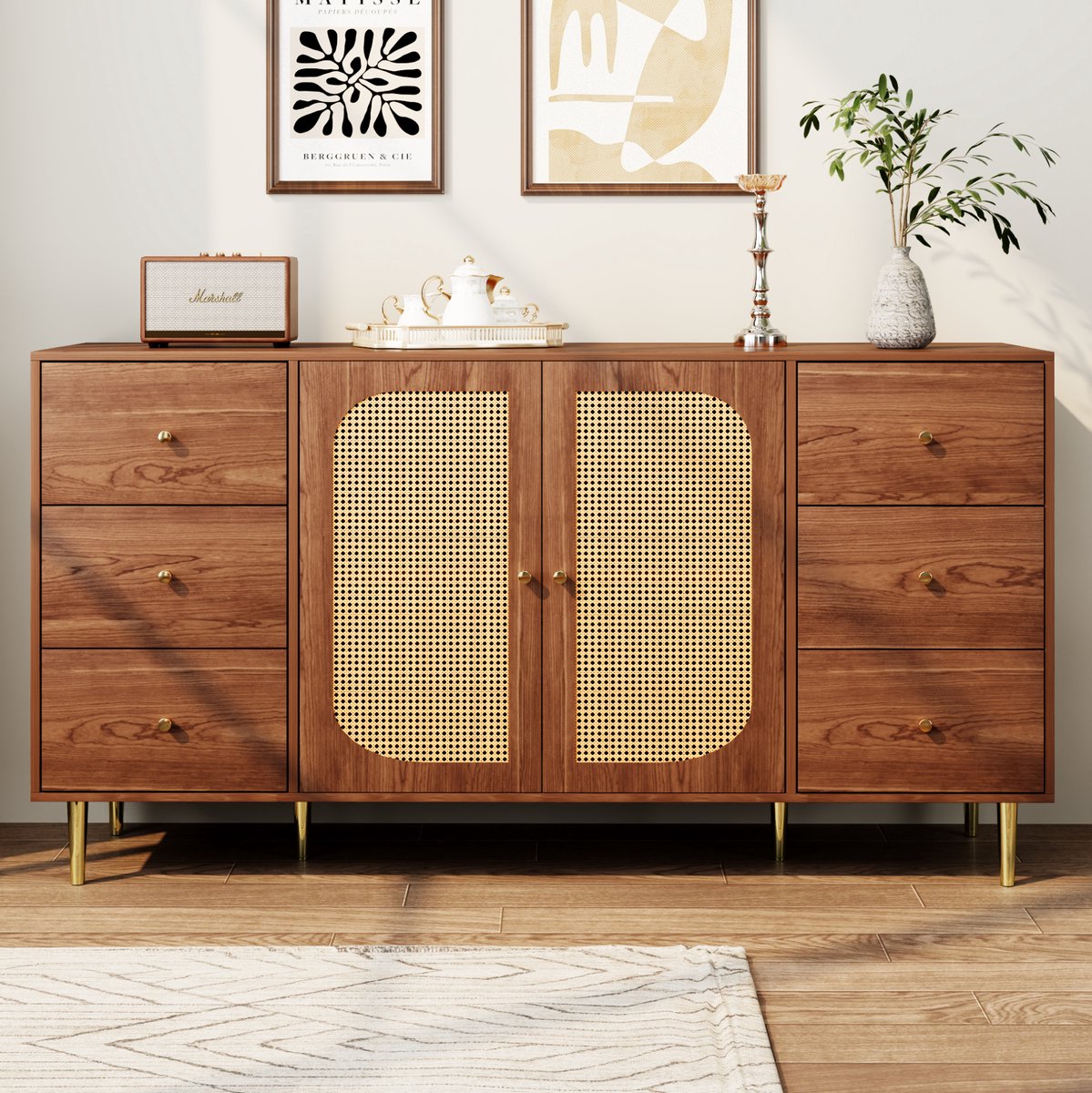 COVREO Dressoir 160 x 40 x 90 cm – bruin, MDF met rattan deuren en 6 lades