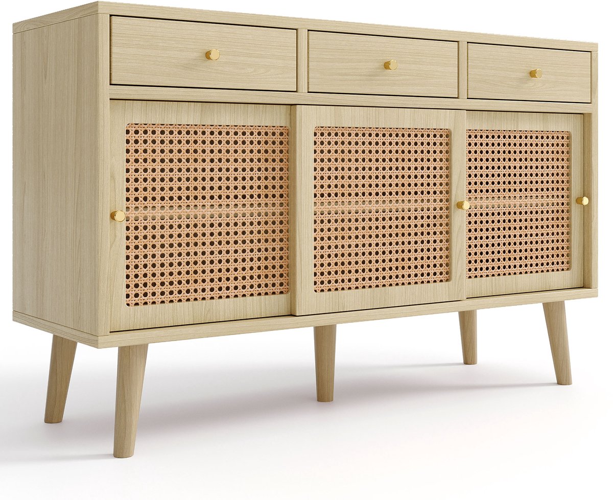 Dressoir Kast – met 3 Rattan Schuifdeuren en 3 Laden 120 cm – Eiken