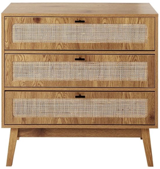 Commode en bois avec trois tiroirs à façade en rotin et pieds inclinés.
