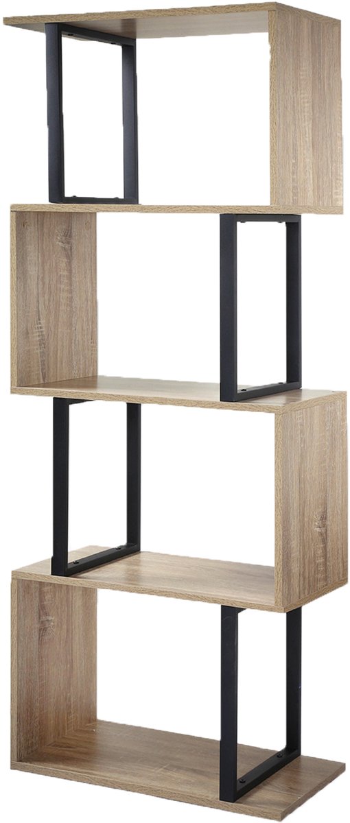 Casame CALICOSY - Boekenkast met 4 Niveaus en Houten Decor en Metalen Staanders - H148cm Houtlook