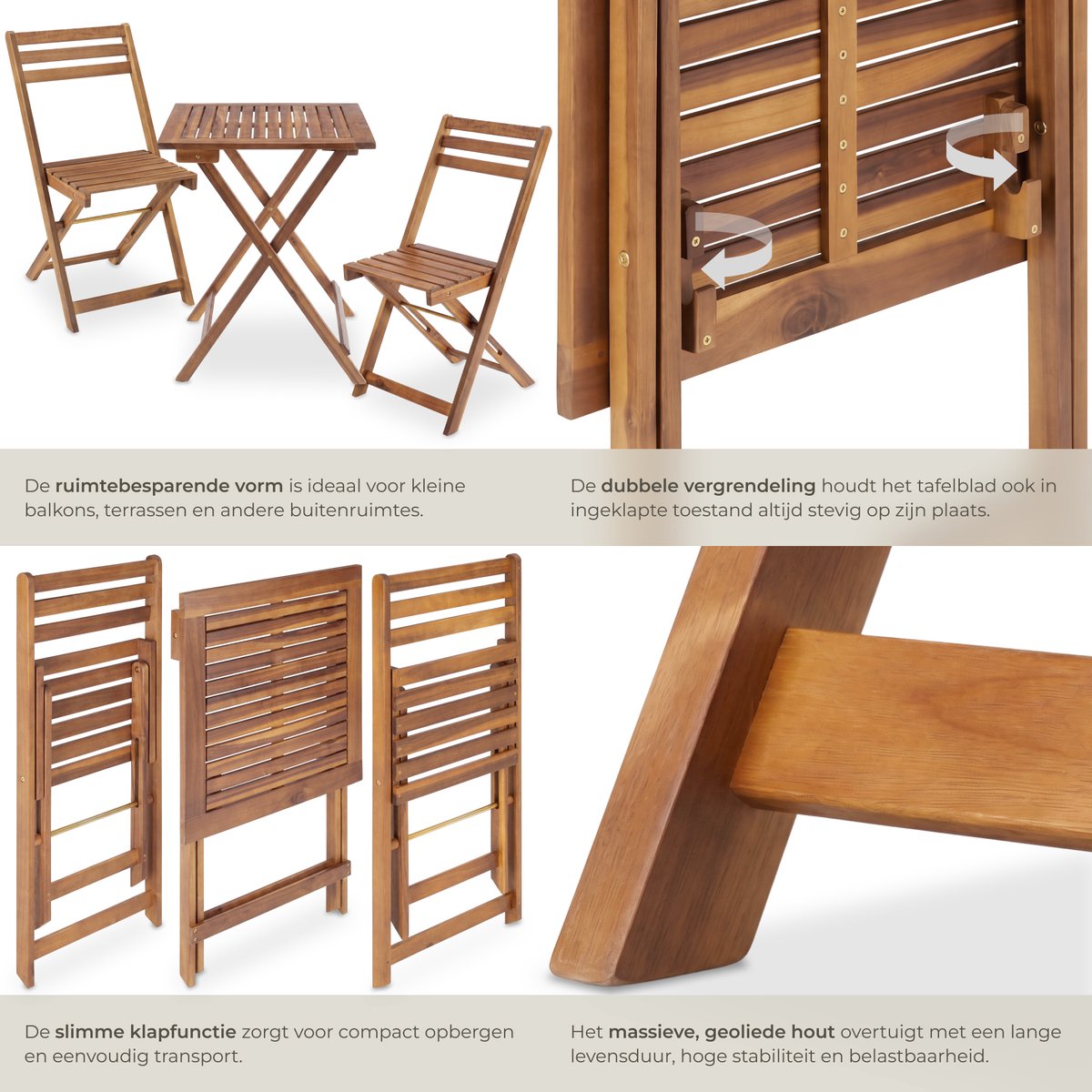 tectake® Houten Bistroset voor 2 Personen - 60 x 60 x 74,5 cm - Weerbestendig Acaciahout - Opvouwbaar - Inklapbaar - Tuinset met Bistrotafel en Bistrostoelen - Tuintafel - Tuinstoelen - Tafel en Stoelen set voor Balkon, Camping & Terras – foto 4