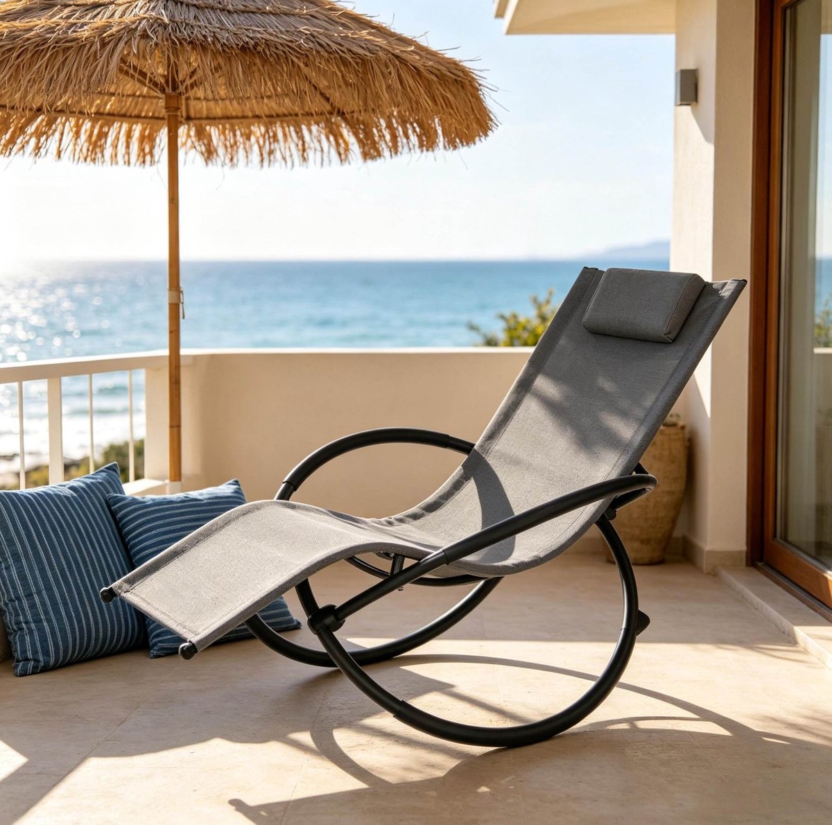 HAUSS SPOLE Chaise Longue - Schommelende Ligstoel Met Armleuningen En Hoofdkussen - Voor Balkon En Tuin - Metaal En Textileen - Grijs