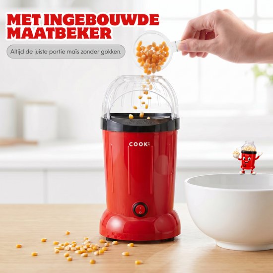 COOK-IT Popcornmaker - Popcornmachine - Zonder Olie - Hete Lucht - Verse Popcorn in 2 Minuten - 800W - Inclusief Maatbeker - Rood — afbeelding 4