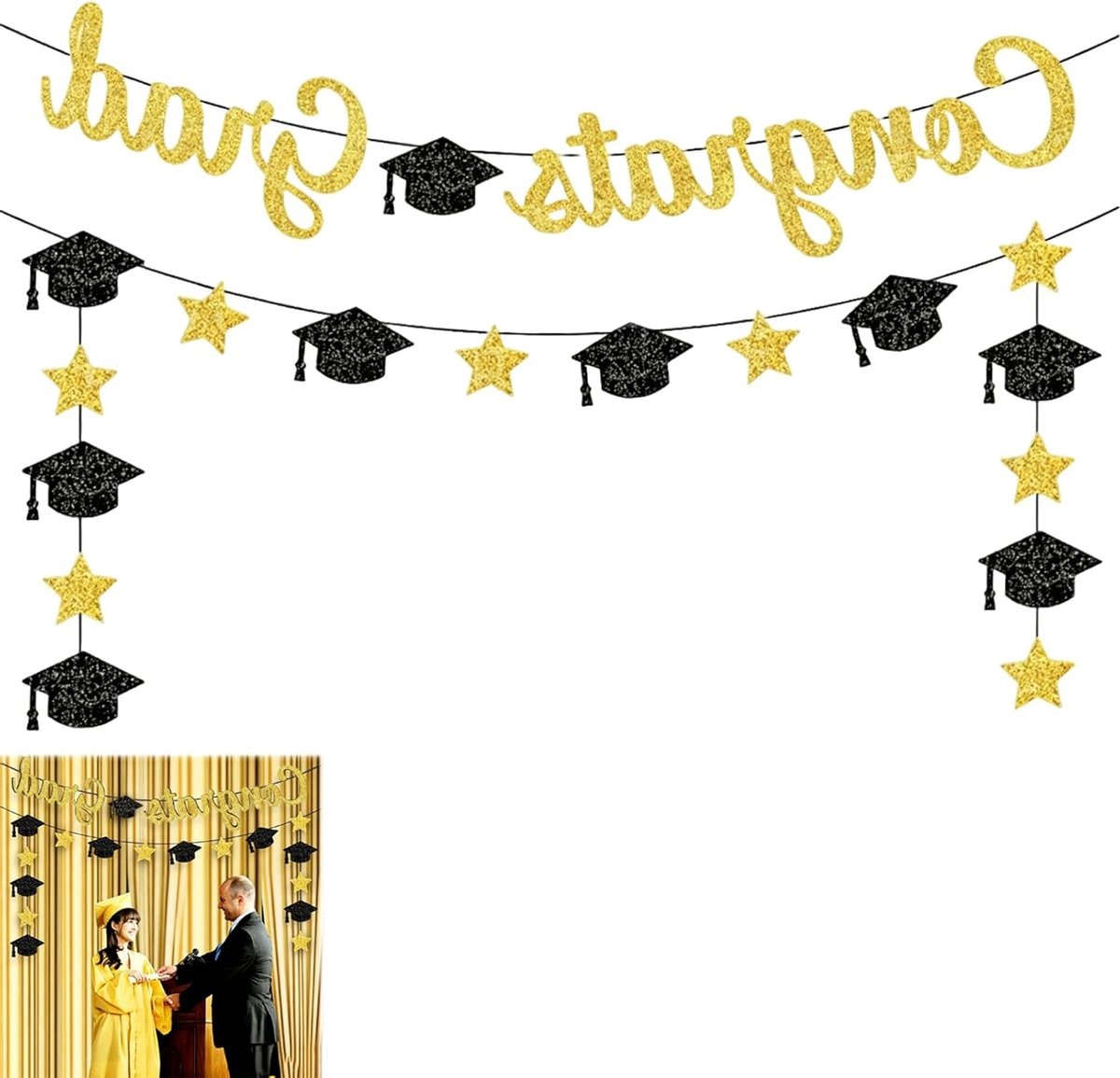 Afstudeer Banner Set - Gefeliciteerd Slingers - Feestelijke Decoratie - Twee Unieke Ontwerpen - 3 Meter Lang - Zwart Goud