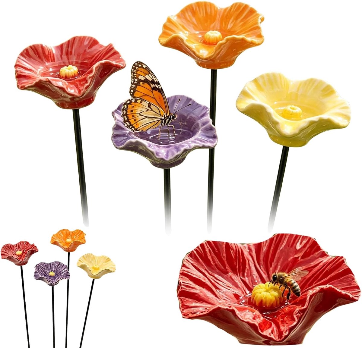 Bloemen Tuinsteker - Insecten Drinkbak - Tuin Decoratie - 3-in-1 Functionaliteit - 400 g - Metaal