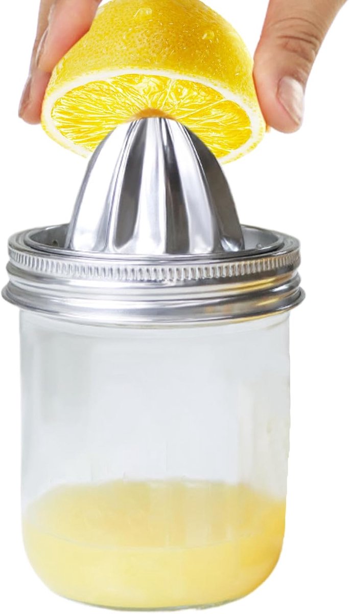 Roestvrijstalen Citruspers - Sapmaker Deksel - Verse Dranken Maken - Inclusief Glazen Pot - 14x11x14 cm - Zilverkleurig