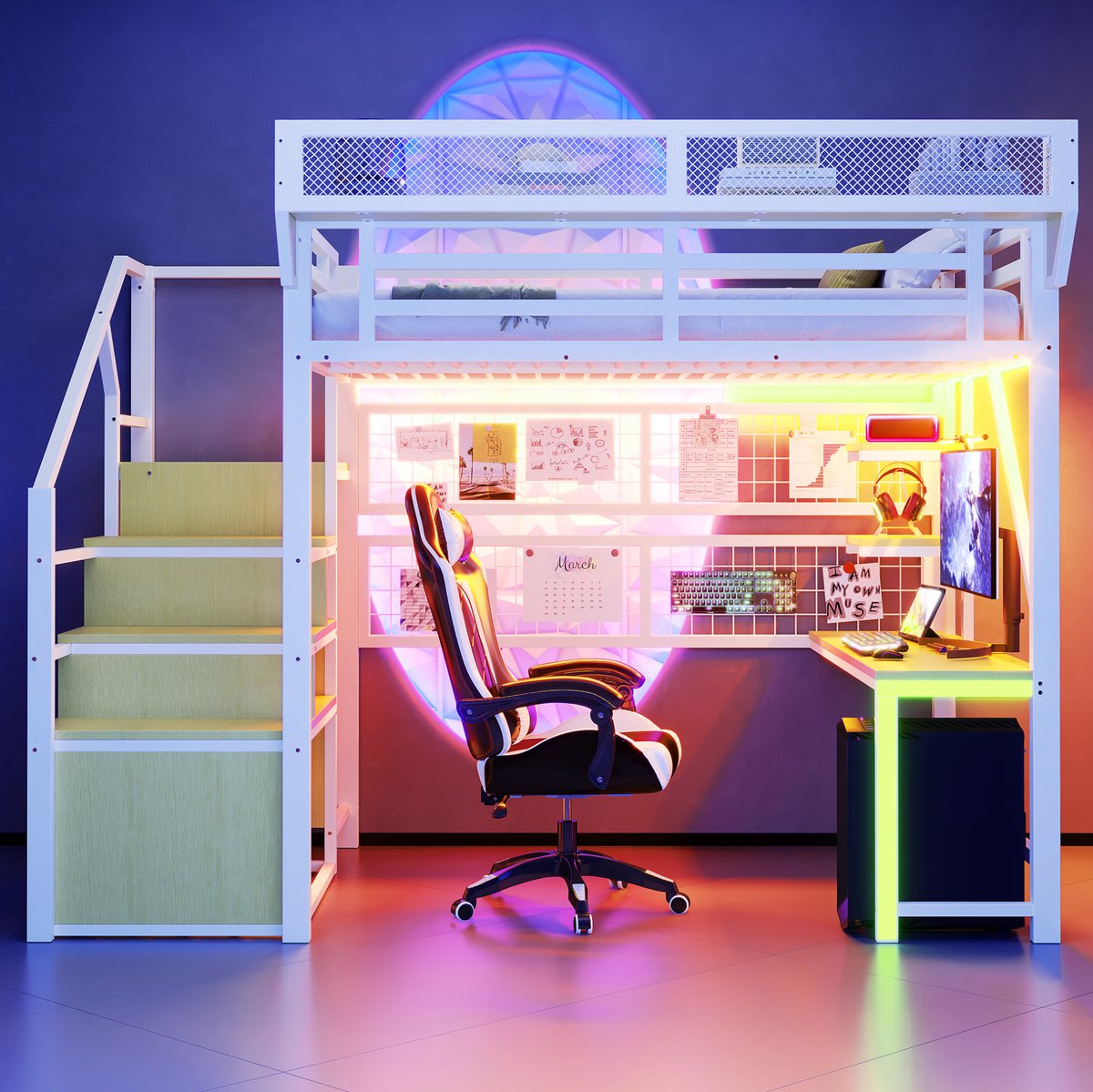 MEUNIQ Hoogslaper 140 x 200 cm van metaal en MDF met bureau, open legplanken, opbergruimte, veiligheidsladder, LED-verlichting en stopcontact in wit