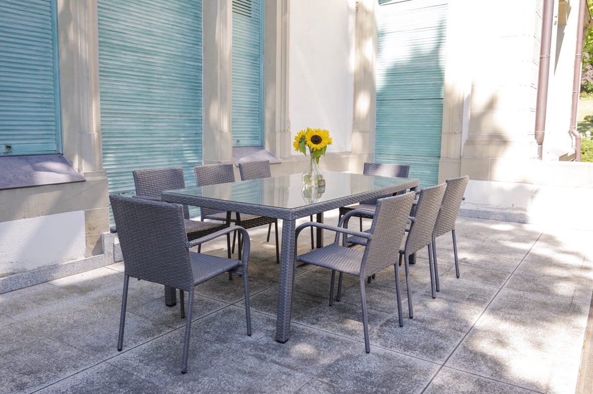 9-delige Tuin Eetset SOTTILE Grijs | Technorattan Tuintafel 200 cm met 8 Stoelen | Veiligh