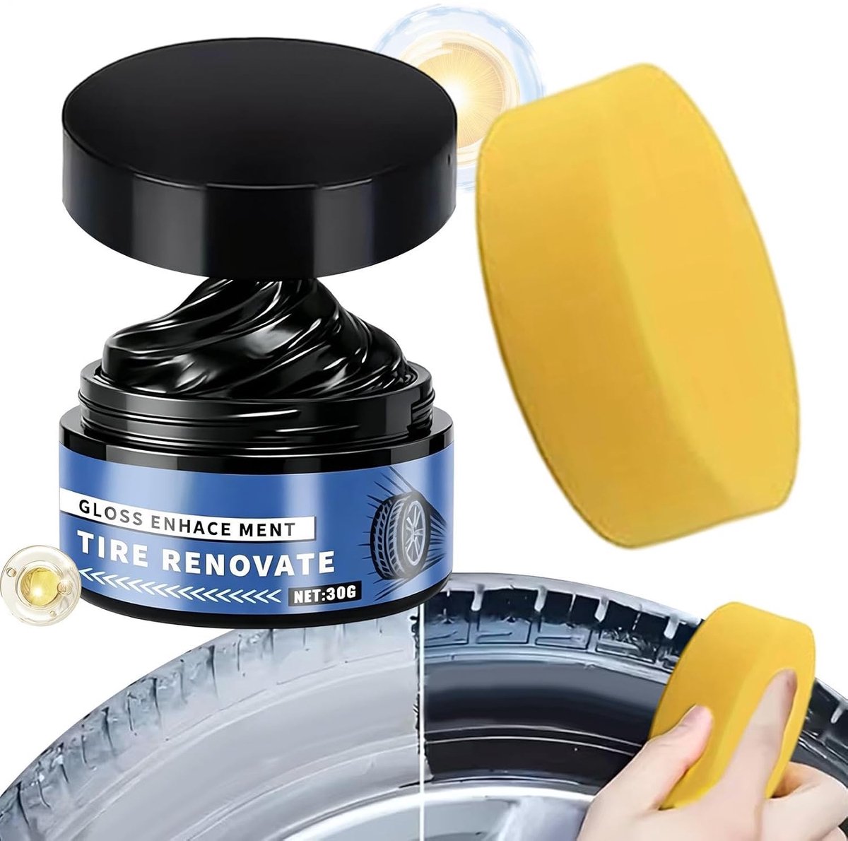 Reinigingspasta Banden - Bandenverzorging - Voertuig Onderhoud - Inclusief Spons - 50 g - Zwart